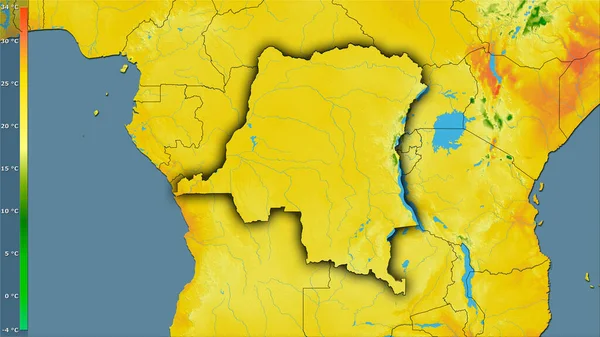 Średnia Temperatura Najcieplejszego Kwartału Terenie Konga Kinszasa Projekcji Stereograficznej Legendą — Zdjęcie stockowe