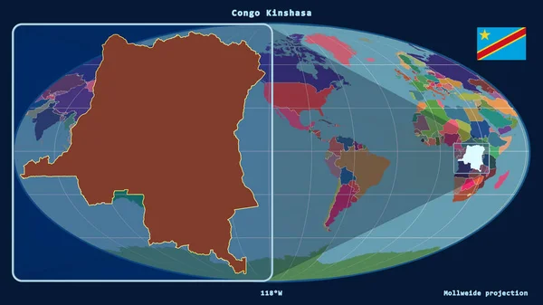 Увеличенный Виду Конго Киншасе Набросок Перспективными Линиями Против Глобальной Карты — стоковое фото
