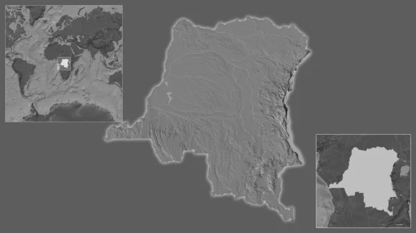 コンゴキンシャサとその地域に位置し 大規模な世界地図の中心部のクローズアップ 標高マップ — ストック写真