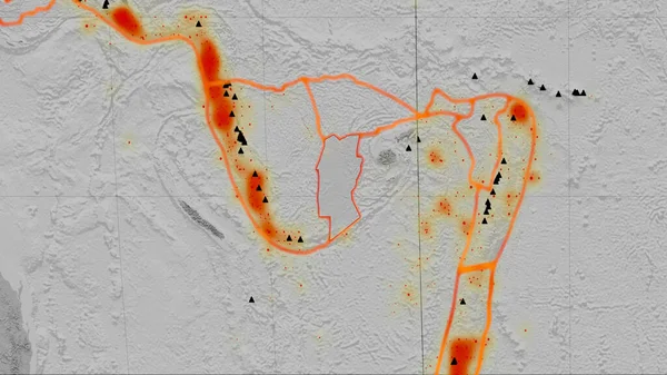 コンウェイ リーフ テクトニック プレートは カヴァライスキー プロジェクションの世界的なグレースケールの標高地図上で概説されました 3Dレンダリング — ストック写真