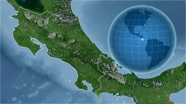 Costa Rica. Globe with the shape of the country against zoomed map with its outline. satellite imagery