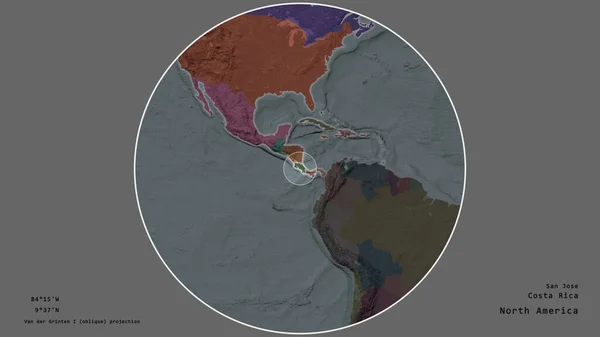 Oblast Kostariky Označená Kruhem Rozsáhlé Mapě Kontinentu Izolované Odtučněném Pozadí — Stock fotografie