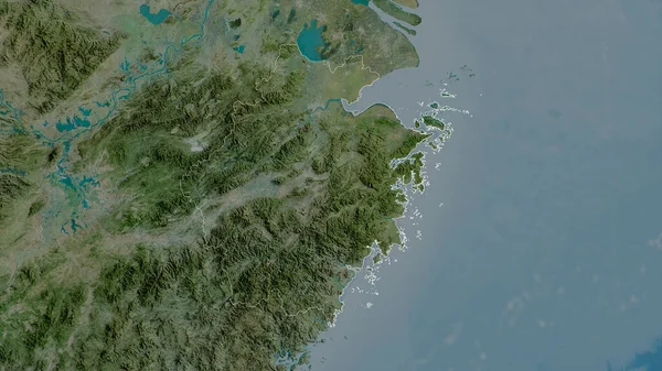 Zhejiang, province of China. Satellite imagery. Shape outlined against its country area. 3D rendering