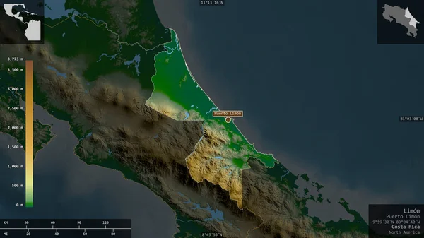 Limón Provincia Costa Rica Datos Sombreado Colores Con Lagos Ríos — Foto de Stock