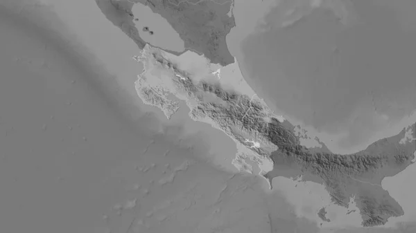 立体投影のグレースケール標高マップ上のコスタリカ領域 ラスター層の生の組成 — ストック写真