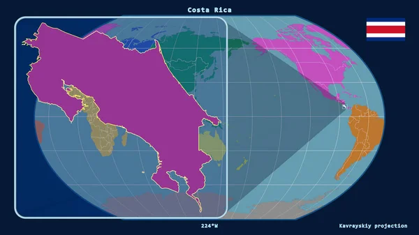 Увеличенный Вид Коста Рики Перспективными Линиями Против Глобальной Карты Каврайской — стоковое фото