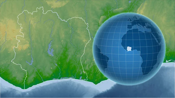 アイボリー コースト アウトラインを持つ拡大地図に対して国の形を持つグローブ 色物理図 — ストック写真