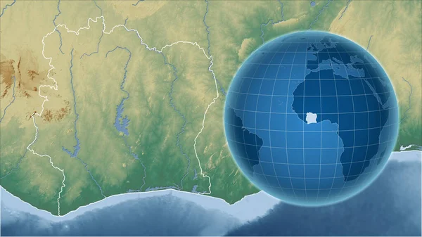 アイボリー コースト アウトラインを持つ拡大地図に対して国の形を持つグローブ 地形図によると — ストック写真