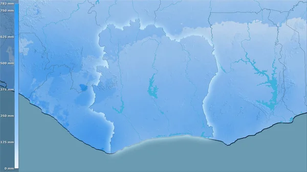 Opady Najcieplejszego Kwartału Obszarze Wybrzeża Kości Słoniowej Projekcji Stereograficznej Legendą — Zdjęcie stockowe