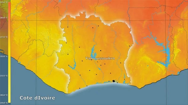 Legmelegebb Negyed Átlaghőmérséklete Cote Divoire Területen Belül Sztereográfiai Vetületben Legendával — Stock Fotó