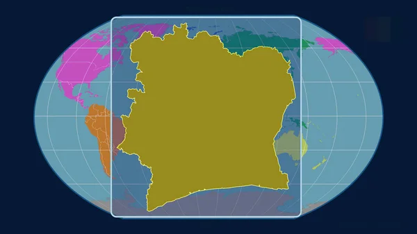 世界地図に対する視点線を持つ象牙海岸のアウトラインの拡大表示カヴァライスキー投影 形を中心に 大陸のカラーマップ — ストック写真