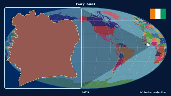 Vergrößerte Ansicht Der Elfenbeinküste Mit Perspektivischen Linien Gegen Eine Weltkarte — Stockfoto