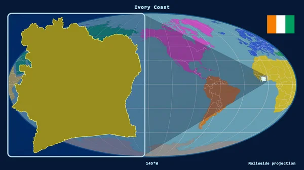 Közelíts Elefántcsontpart Körvonalaira Egy Globális Térképpel Szemben Mollweide Projekcióban Alakzat — Stock Fotó