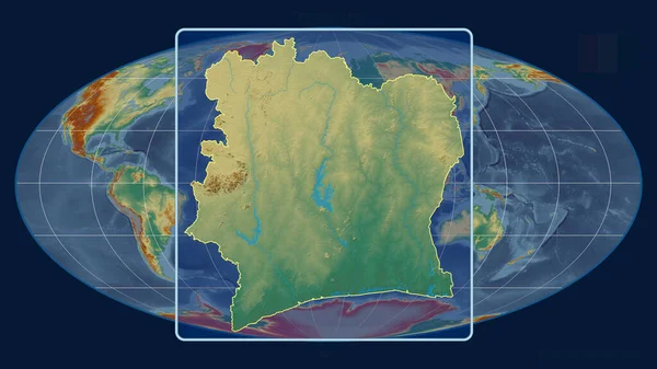 Увеличенный Вид Контура Кот Ивуара Перспективными Линиями Против Глобальной Карты — стоковое фото