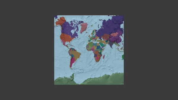 大比例尺世界地图的正方形框架 呈倾斜的范德格林登投影 以象牙海岸为中心 行政区划的彩色地图 — 图库照片