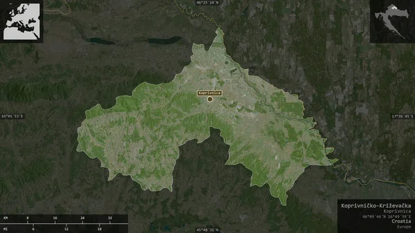 Koprivniko Krievaka 克罗地亚县 卫星图像 以信息覆盖的形式呈现在其国家区域上 3D渲染 — 图库照片