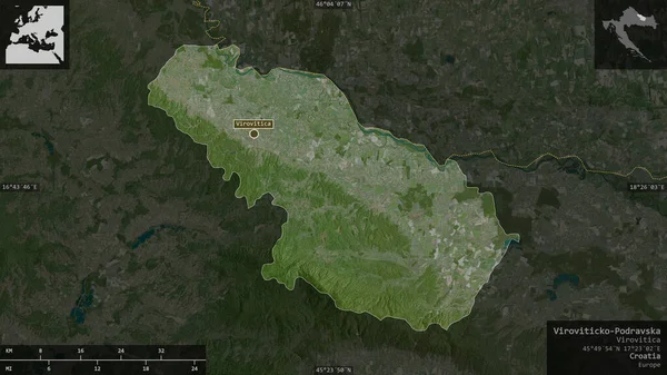 Viroviticko Podravska 克罗地亚县 卫星图像 以信息覆盖的形式呈现在其国家区域上 3D渲染 — 图库照片
