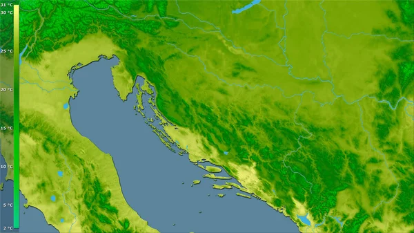 Maximale Temperatur Des Wärmsten Monats Raum Kroatien Der Stereographischen Projektion — Stockfoto