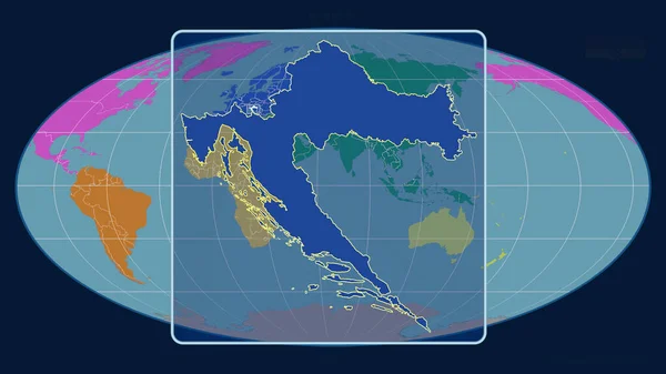 在Mollweide投影中 用透视线将克罗地亚的轮廓与全球地图对齐 形体中心 各大洲的彩色地图 — 图库照片