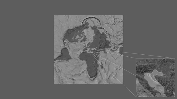 从世界大比例尺地图中提取出的扩大和扩大的克罗地亚地区 其主要线连接了框架的各个角落 Bilevel高地图 — 图库照片