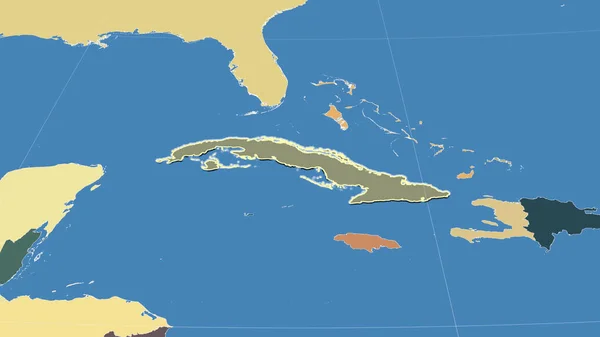キューバとその周辺 輪郭形状 行政区画のカラーマップ — ストック写真
