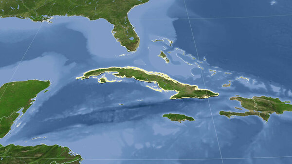 Cuba and its neighborhood. Distant oblique perspective - shape outlined. satellite imagery