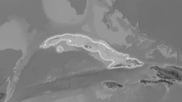 立体投影のグレースケール標高マップ上のキューバ領域 光輝く輪郭を持つラスター層の生の組成 — ストック写真