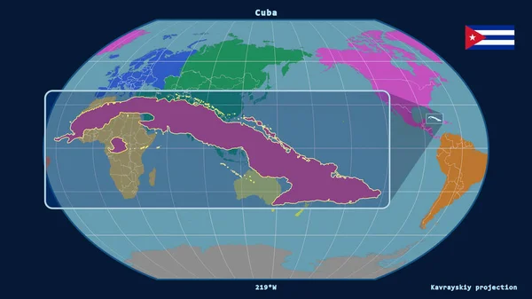 Zoomed View Cuba Outline Perspective Lines Global Map Kavrayskiy Projection — Stock Photo, Image