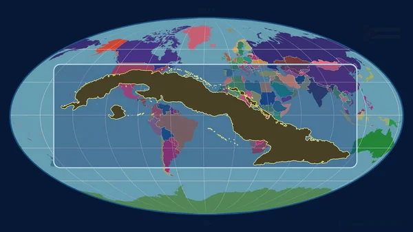 キューバのアウトラインを視野線で拡大し モルデ予測の世界地図に対して 形を中心に 行政区画のカラーマップ — ストック写真