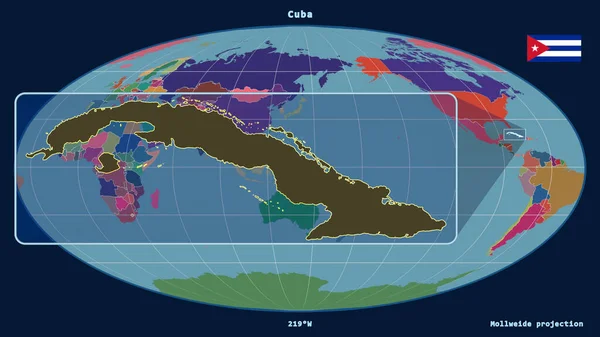 Zbliżenie Kubę Linią Perspektywiczną Stosunku Globalnej Mapy Projekcji Mollweide Kształt — Zdjęcie stockowe