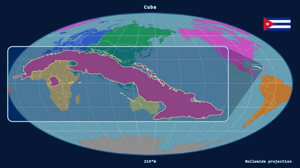 Přiblížený Pohled Kubu Perspektivními Liniemi Proti Globální Mapě Mollweidově Projekci — Stock fotografie