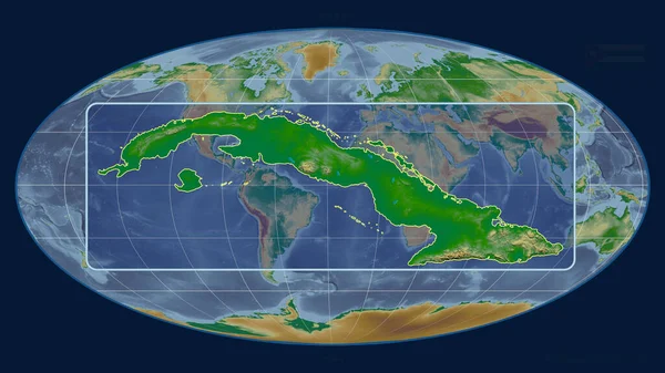 Mollweide Projeksiyonundaki Küresel Bir Haritaya Karşı Perspektif Çizgileriyle Küba Nın — Stok fotoğraf