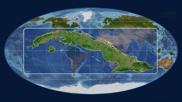 Увеличенный Вид Кубу Перспективными Линиями Против Глобальной Карты Проекции Моллвейда — стоковое фото