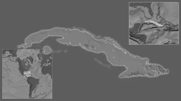 Zbliżenie Kuby Jej Położenie Regionie Centrum Dużą Skalę Światowej Mapy — Zdjęcie stockowe