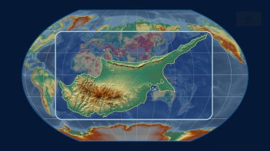 Kıbrıs Rum Kesimi 'nin Kavrayskiy projeksiyonundaki küresel bir haritaya karşı perspektif çizgileriyle yakınlaştırılmış hali. Şekil merkezli. topografik yardım haritası