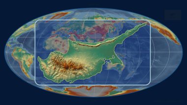Kıbrıs 'ın Mollweide projeksiyonundaki küresel bir haritaya karşı perspektif çizgileriyle yakınlaştırılmış hali. Şekil merkezli. topografik yardım haritası