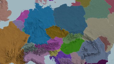 Çek Cumhuriyeti yakınlaştı ve yakınlaştı. İdari bölümün renkli ve çarpık haritası. 3B görüntüleme