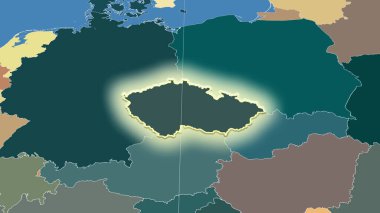 Çek Cumhuriyeti ve mahallesi. Uzak eğimli perspektif - şekil parlıyordu. idari bölümlerin renk haritası