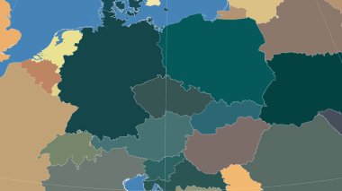Çek Cumhuriyeti ve mahallesi. Uzak eğimli perspektif - özet yok. idari bölümlerin renk haritası