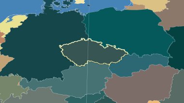 Çek Cumhuriyeti ve mahallesi. Uzak eğimli perspektif - şekil çizilmiş. idari bölümlerin renk haritası