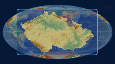 Çek Cumhuriyeti 'nin Mollweide projeksiyonundaki küresel bir haritaya karşı perspektif çizgileriyle yakınlaştırılmış görüntüsü. Şekil merkezli. topografik yardım haritası