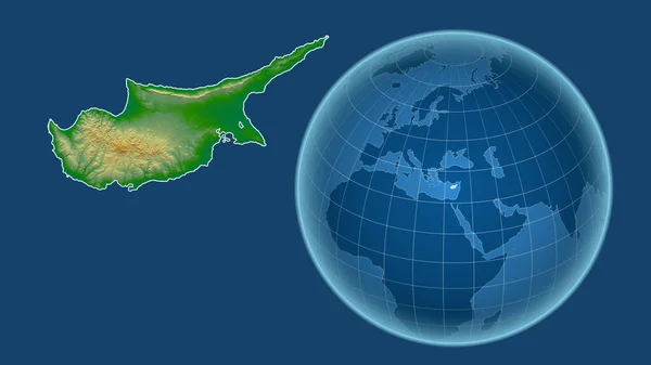 Cypr Globus Kształcie Kraju Powiększonej Mapie Odizolowanym Zarysem Niebieskim Tle — Zdjęcie stockowe
