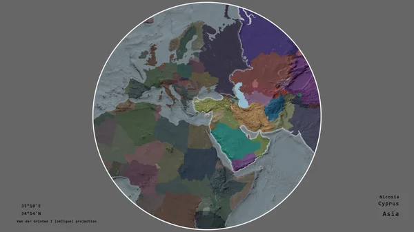 The area of Cyprus centered in the circle surrounding its continent on the desaturated background. Capital georeferences and names given. Color map of the administrative division