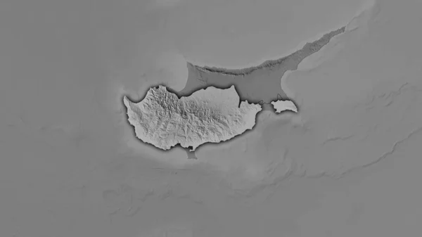 立体投影のグレースケール標高マップ上のキプロス領域 暗い輝く輪郭を持つラスター層の生の組成 — ストック写真