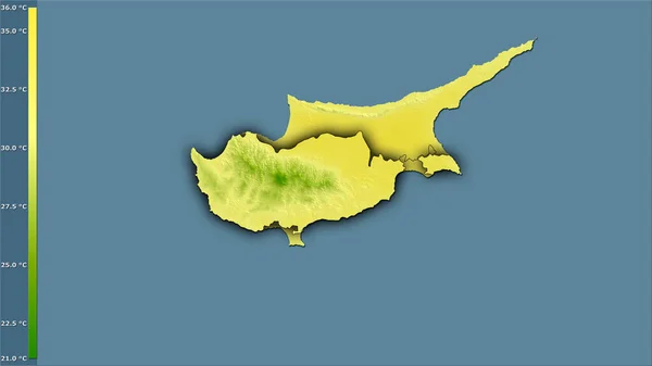 伝説との立体投影でキプロス地域内で最も暖かい月の最高温度 暗い輝く輪郭を持つラスター層の生の組成 — ストック写真