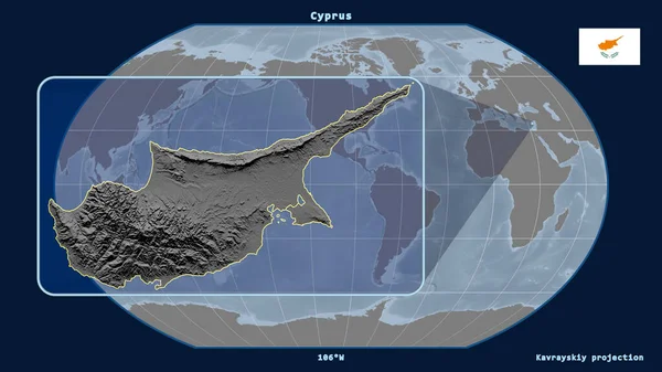 Zoomed-in view of Cyprus outline with perspective lines against a global map in the Kavrayskiy projection. Shape on the left side. grayscale elevation map