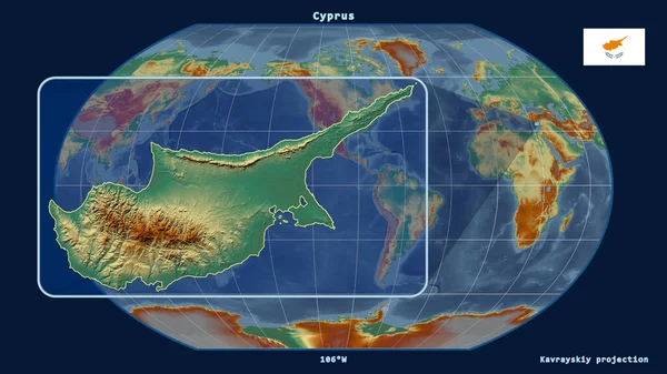 Zoomed-in view of Cyprus outline with perspective lines against a global map in the Kavrayskiy projection. Shape on the left side. topographic relief map
