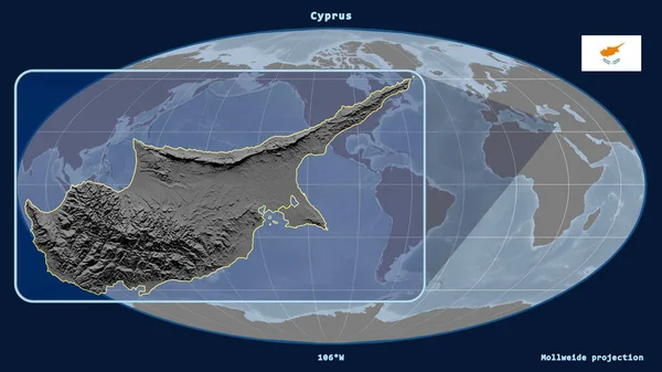 Zoomed-in view of Cyprus outline with perspective lines against a global map in the Mollweide projection. Shape on the left side. grayscale elevation map