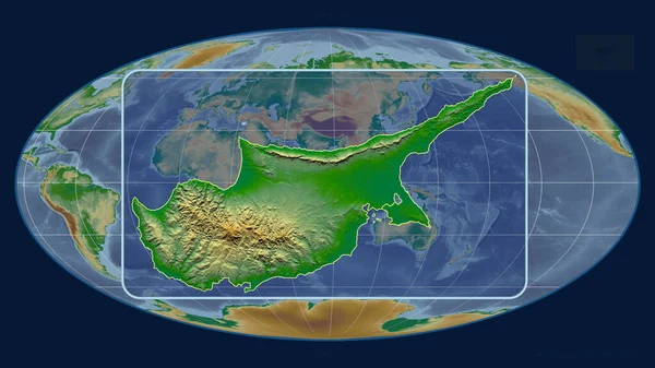 在Mollweide投影中 用透视线与全球地图对齐 放大了塞浦路斯的轮廓 形体中心 彩色物理图 — 图库照片
