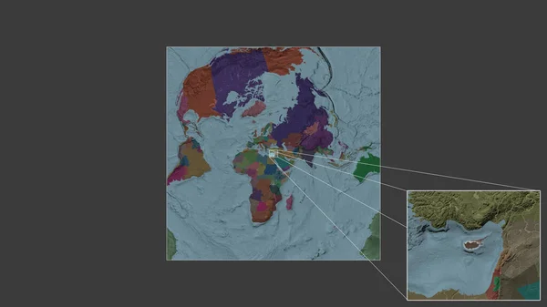 从世界大比例尺地图中提取出的扩大和扩大的塞浦路斯地区 其主要线连接了框架的各个角落 行政区划的彩色地图 — 图库照片